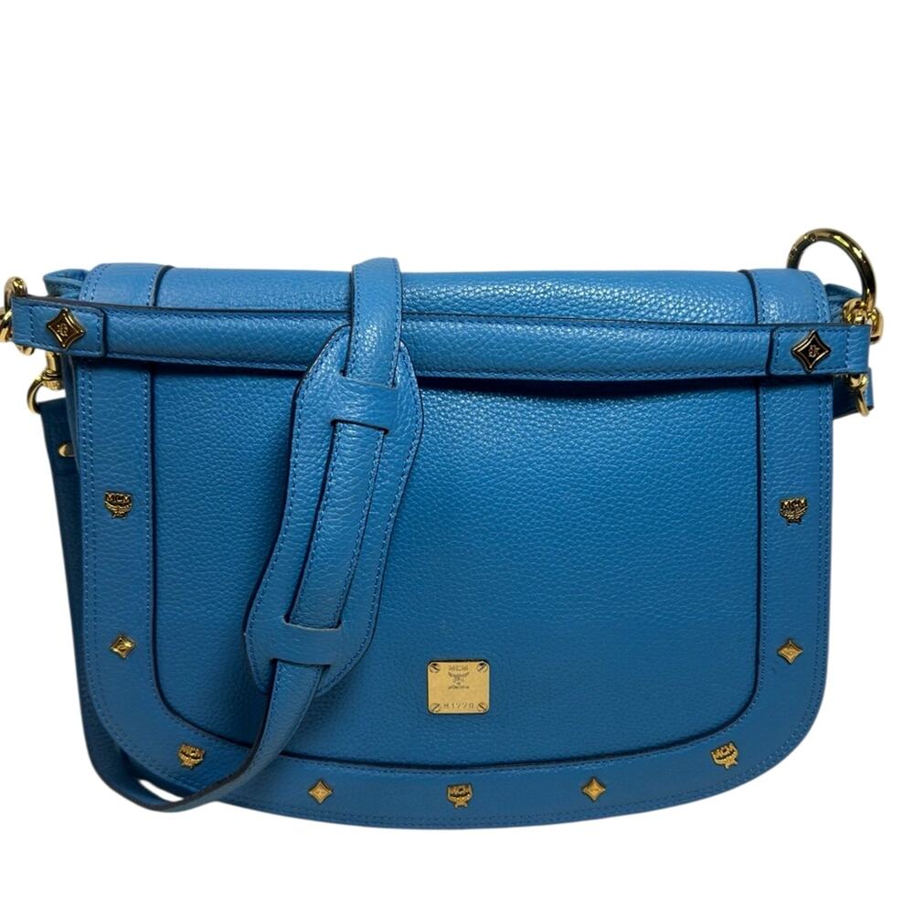 MCM Blue Pebbled Leather Shoulder Bag Gold Hardware Excellent Condition